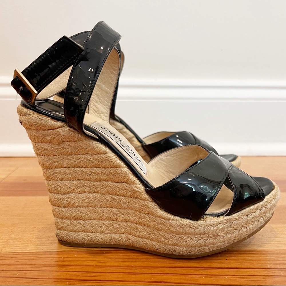Jimmy Choo Phoenix Wedge Sandals 37 Black Patent Leather Espadrille Platform